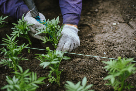 Gardener creates a landscape design by planting flower sprouts in flower bedsの写真素材