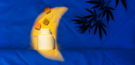 Evening bedroom with cannabidiol gummies, Medical candy CBD, hemp branch