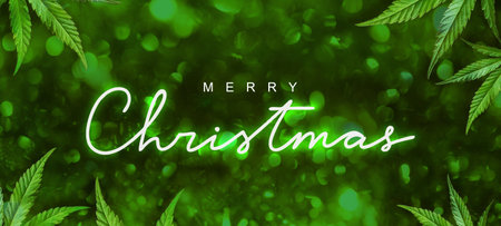 Merry Christmas neon banner on green background with cannabis leaves and bokeh. Christmas text backdrop with marijuana and glitterの写真素材