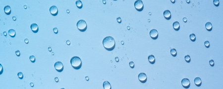 Blue drops of clear liquid, transparent water background. Moisturising cosmetics concept, spa...