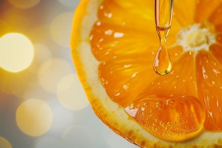 Concept Vitamin C, drop of oil, serum from pipette on orange. Bright design for the concept of the usefulness of products and cosmetics with Vitamin C. Seasonal immunity protectionの素材