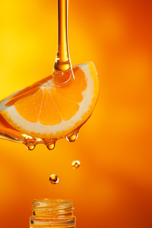 Vitamin C concept, a transparent drop flows from an orange into a bottle. Abstract background for products with vitamin C and orange oil, seasonal antioxidant and immune protectionの素材