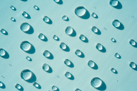 Blue drops of pure liquid, transparent water background. Concept of moisturizing cosmetics, spa texture. Skin care spray, beauty backdropの写真素材
