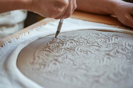 Potter is cutting out the shape of the future plate from the clay layer. Unplugging, hobbyの写真素材