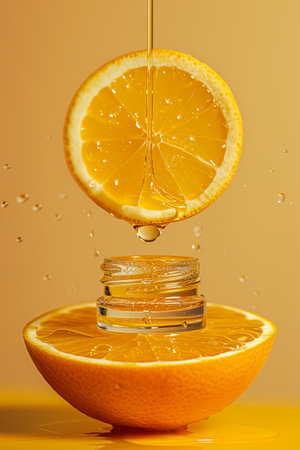 A drop of golden oil and serum flows down the orange into the bottle. Abstract background for advertising citrus oils, vitamin C serum, antioxidant and immune protection.の素材