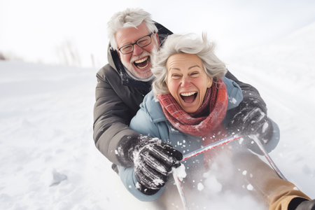 An elderly married couple in warm hats is laughing and sledding. Gray-haired, retired man and woman are having fun in the snow under a sunny skyの素材