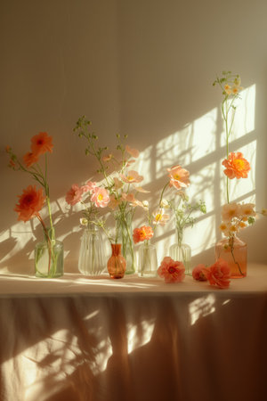 Floral arrangement, still life under sunlight. A cozy corner with flowers and the play of light through glass vases.