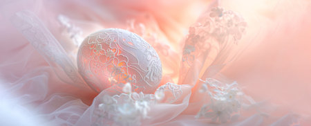 Pink Easter background with lace egg with delicate flowers Easter mood, delicate spring backdropの素材