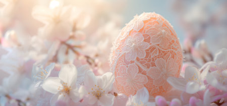 Easter background with graceful openwork decorated egg. Universal mood and easter backdrop with beauty egg and blossom, beauty conceptの素材