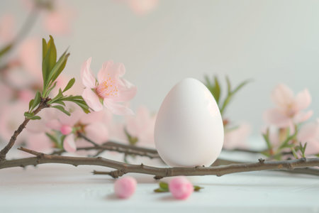 Easter egg on a background with spring flowering branches Minimal Easter Backdropの素材