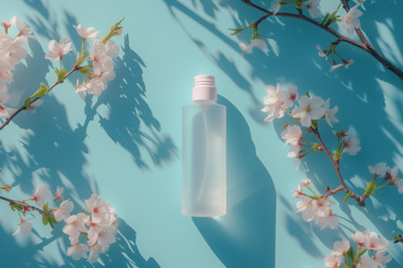 Mockup of packaging with micellar water, Hydration cosmetics on background with blooming apple tree. Empty bottle with Hydration cosmetics with flowers, flat lay concept of natural skin careの素材