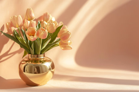 Vibrant pink tulips in a gold vase, casting soft shadows on a pastel background Minimalistic still life with tulips in golden vase, celebrating the beauty of springの素材