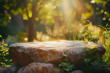 Textured stone podium, rock stand among green foliage and sun rays. A picturesque podium made of rock, stone in a natural environment in bright sunlight with green leaves aroundの素材