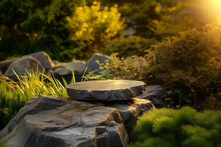 A picturesque podium made of rock, stone in a natural environment in bright sunlight with green leaves around. Textured stone podium, rock stand among green foliage and sun raysの素材