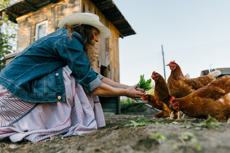 Woman farmer in denim clothes and hat smiling feeding greens to free-range chickens on sunny farm. Caring for agriculture: Satisfied woman feeding chickens with fresh leaves on her farmの写真素材