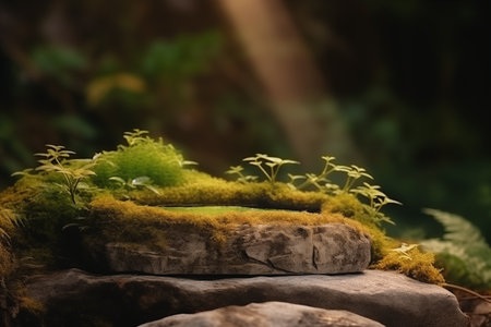 Flat stone pedestal in moss in natural forest, outdoors. Eco Background Concept. Rock podium overgrown with natural plants in the forestの素材