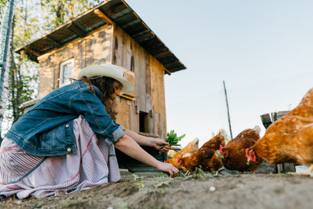 Rural scene, female farmer distributing fresh greens to her chickens, organic feed. Smiling woman happily cares for her chickens, organic farm maintenance, country lifeの写真素材