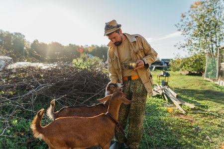 A man farmer with a beard and a hat on a small farm feeds goats on a sunny, peaceful day. Scene...