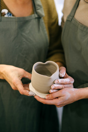 Two pairs of female hands holding a heart-shaped clay mug, close-up Two generations of women proudly presenting self-made pottery after workshopの写真素材