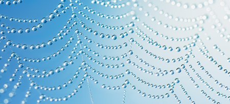 Transparent droplets aligned on spider silk lines creating abstract moisture texture. Macro water droplets on spider web structure for skincare and spa visualsの写真素材