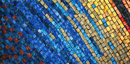 Abstract tile wall with contrasting blue and gold segments, banner format. Horizontal abstract mosaic backdrop with visual rhythm and color contrastの写真素材