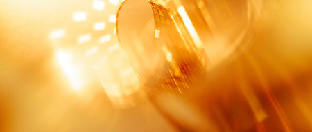 Abstract glossy golden banner panoramic background with copy space for discounts Christmas and New Year campaigns.の写真素材