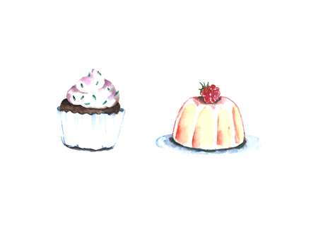 Watercolor cupcakes desserts.の写真素材