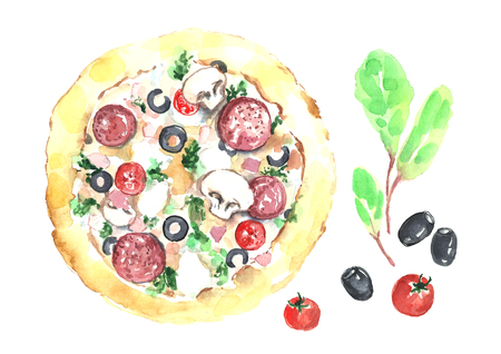 Watercolor pizza isolated in white background.の写真素材