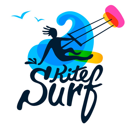Kitesurfer on surfing board with kite, wave and seagull on white background, logo vector template. Cartoon, flat style, silhouette, lettering.のイラスト素材