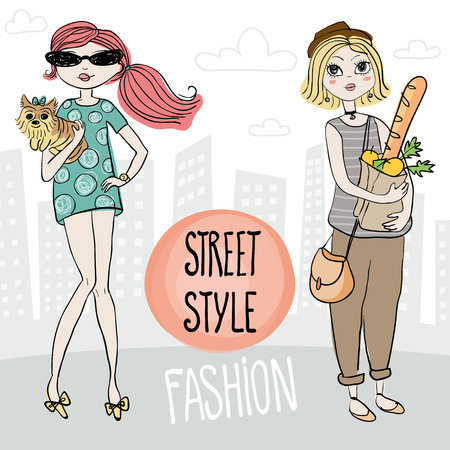 Street style vector illustration. Cute fashion model cartoon design girls in sketchy style. Women on city background, one girl with Yorkshire Terrier, other girl a package of products.のイラスト素材
