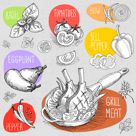 Vektor für Set of stickers in sketch style, food and spices, old paper textured background. Grilled meat with vegetables in a hot pan. Hand drawn vector illustration. - Lizenzfreies Bild