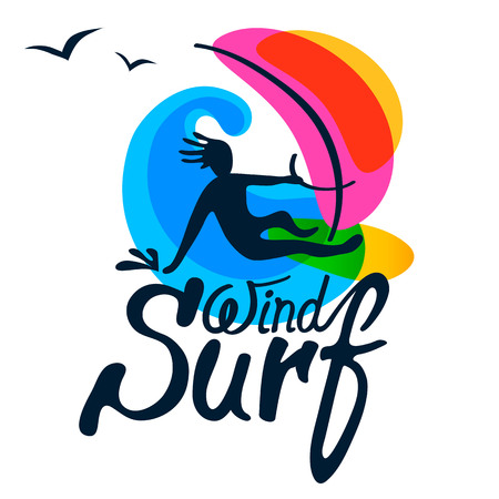 Windsurfer on windsurfing board with sail, wave and seagull on white background, logo vector template. Cartoon, flat style, silhouette, lettering.のイラスト素材