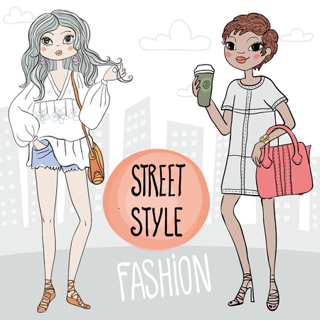 Street style vector illustration. Cute fashion model cartoon design girls in sketchy style. Women on city background, mulatto woman with coffee and bag, other girl with bag.のイラスト素材