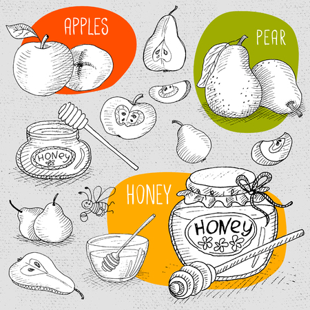 Set of stickers in sketch style, food and spices, old paper textured background. Sweet Set with honey, apples, pear and funny bee. Hand drawn vector illustration.のイラスト素材