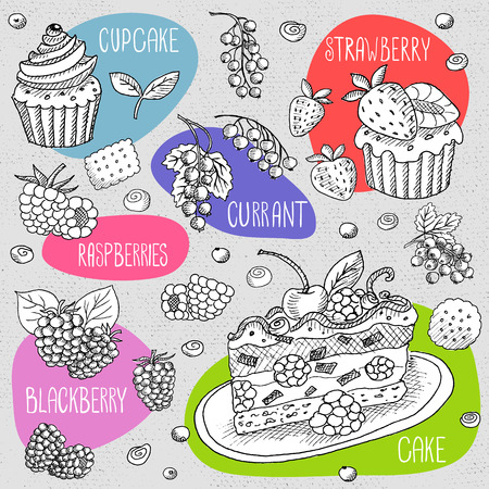 Set of stickers in sketch style, food and spices, old paper textured background. Set with desserts: cake, cupcake, berries, currants, cream. Hand drawn vector illustration.のイラスト素材