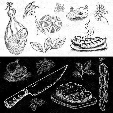 Set of chalk hand drawn, in sketch style, food and spices, black and white chalkboard background. Ham, knife, dill, onion, sausages, garlic, pepper, bay leaf. Hand drawn vector illustration.のイラスト素材