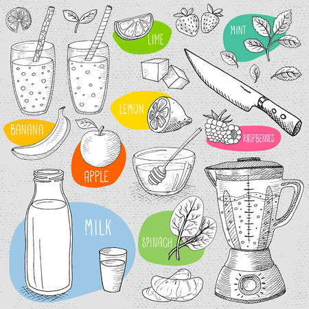 Set of stickers in sketch style, food and spices, old paper textured background. Set: banana, apple, blender, glasses, bottle, fruit, mint, knife, smoothies, cocktails. Hand drawn illustration.のイラスト素材