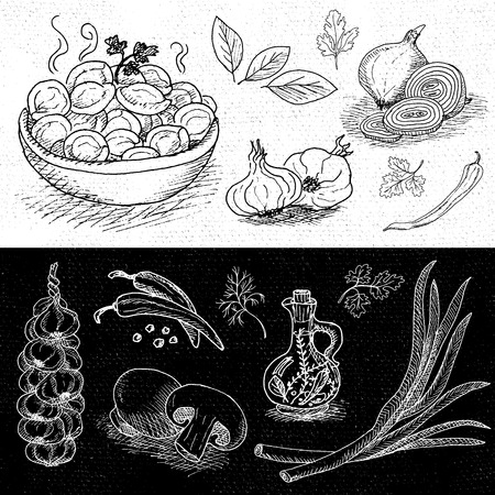 Set of chalk hand drawn, in sketch style, food and spices, black and white chalkboard background. Dumplings, onion, garlic, pepper, bay leaf, mushrooms. Hand drawn vector illustration.のイラスト素材