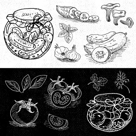 Set of chalk hand drawn, in sketch style, food and spices, black and white chalkboard background. Pickles in the jar, dill, cucumber, tomato, garlic, bay leaf. Hand drawn vector illustration.のイラスト素材