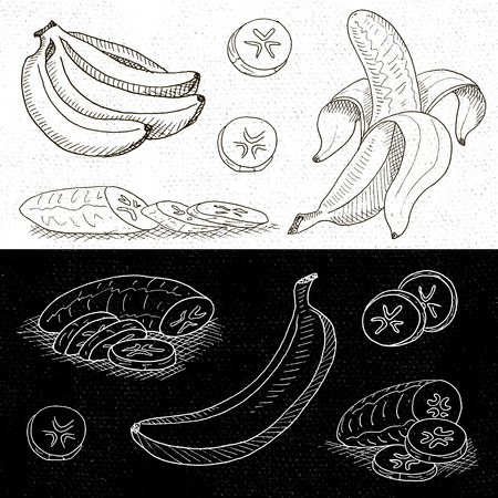 Set of chalk hand drawn, in sketch style, food and spices, black and white chalkboard background. Set with banana peeled, sliced banana, a bunch of bananas. Hand drawn vector illustration.のイラスト素材