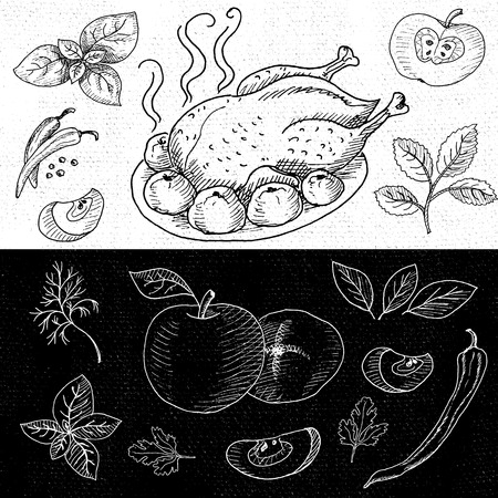 Set of chalk hand drawn, in sketch style, food and spices, black and white chalkboard background.  Roasted grill chicken seasoned with apples and spices. Chicken, apples, onion, pepper, tomato, cucumber, basil. Hand drawn vector illustration.のイラスト素材