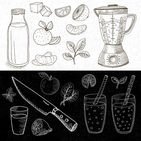Set of chalk hand drawn, in sketch style, food and spices, black and white chalkboard background. Set blender, glasses, bottle, fruit, mint, knife, smoothies, cocktails.のイラスト素材