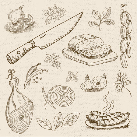 Set of chalk sketch hand drawn, in sketch style, food and spices, old paper textured background. Ham, knife, dill, onion, sausages, garlic, pepper, bay leaf. Hand drawn vector illustration.のイラスト素材