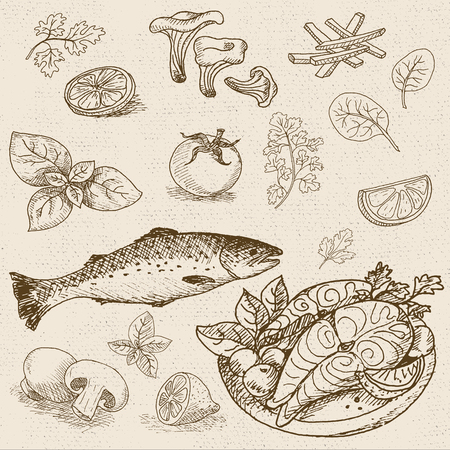 Set of chalk sketch hand drawn, in sketch style, food and spices, old paper textured background. Fish, trout, salmon, tomatoes, parsley, lemon, basil, mushrooms. Hand drawn vector illustration.のイラスト素材