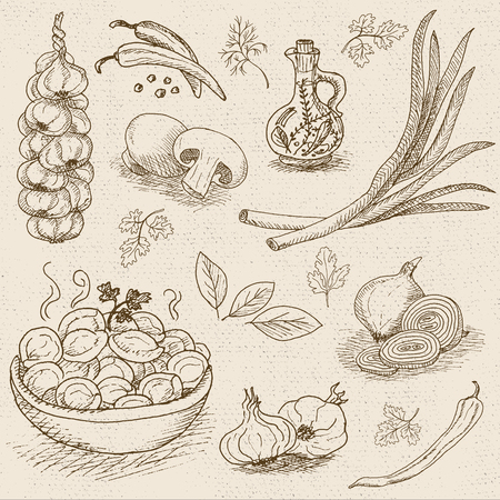Set of chalk sketch hand drawn, in sketch style, food and spices, old paper textured background. Dumplings, onion, garlic, pepper, bay leaf, mushrooms. Hand drawn vector illustration.のイラスト素材