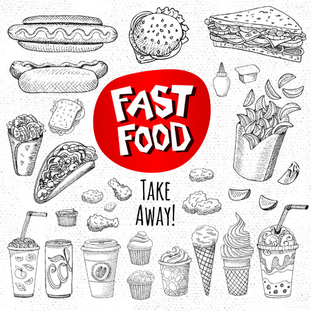 Vector set of food. Sketch style. Fast food. Hamburger, taco, burrito, chicken, potato, fries, sandwich, coffee, lemonade, ice cream, hot dog, ketchup, mustard, soda, beer. Hand drawn design elements.のイラスト素材