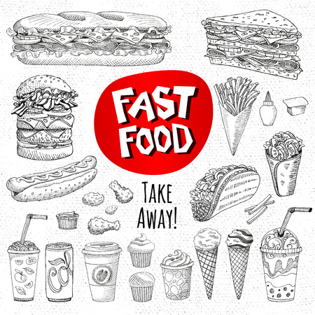 Vector set of food. Sketch style. Fast food. Hamburger, taco, burrito, chicken, potato, fries, sandwich, coffee, lemonade, ice cream, hot dog, ketchup, mustard, soda, beer. Hand drawn design elements.のイラスト素材