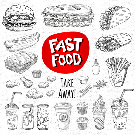 Vector set of food. Sketch style. Fast food. Hamburger, taco, burrito, chicken, potato, fries, sandwich, coffee, lemonade, ice cream, hot dog, ketchup, mustard, soda, beer. Hand drawn design elements.のイラスト素材