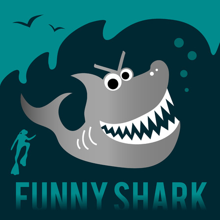 Funny shark with diver. Flat style cartoon character. Vector illustration.のイラスト素材