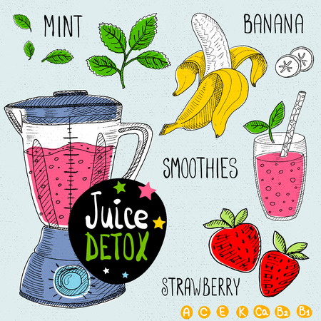 Sketch Juice detox set. With illustration of ingredients, glass, stars, blender and vitamin. Hand drawn doodle style. Smoothies, strawberry, banana, leaves mint.のイラスト素材